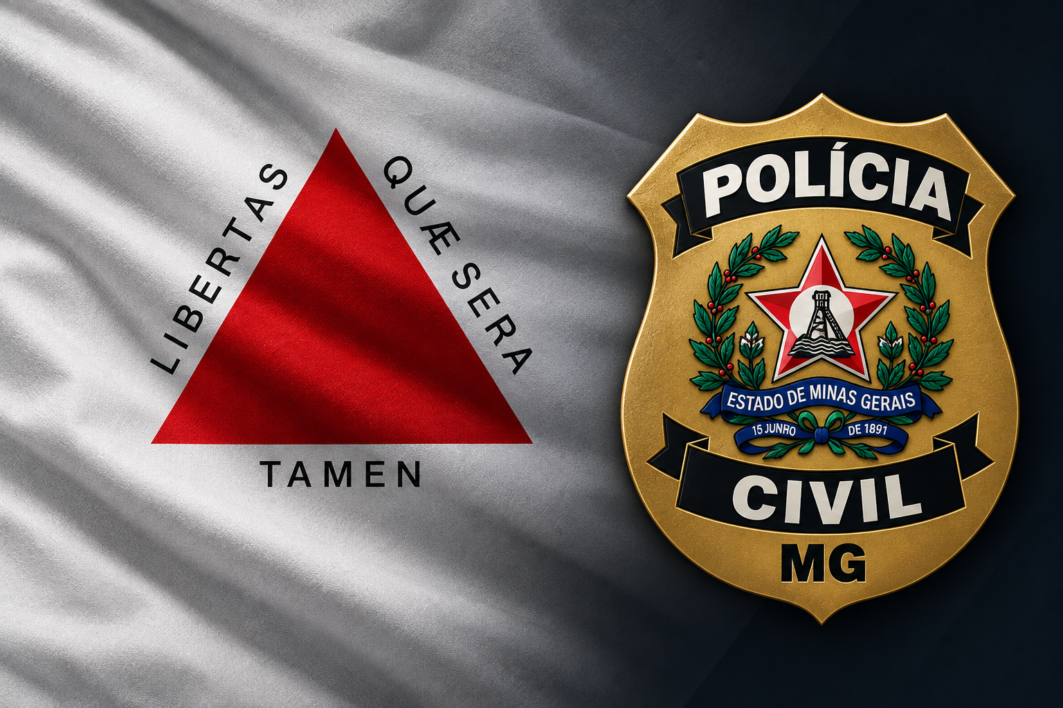Delegado PC MG 1 Bandeira de Minas Gerais ao lado do distintivo dourado da Polícia Civil de Minas Gerais